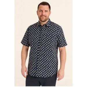 Perry Ellis Stretch Paisley Leaf Blue Background Button Short Sleeve XXL